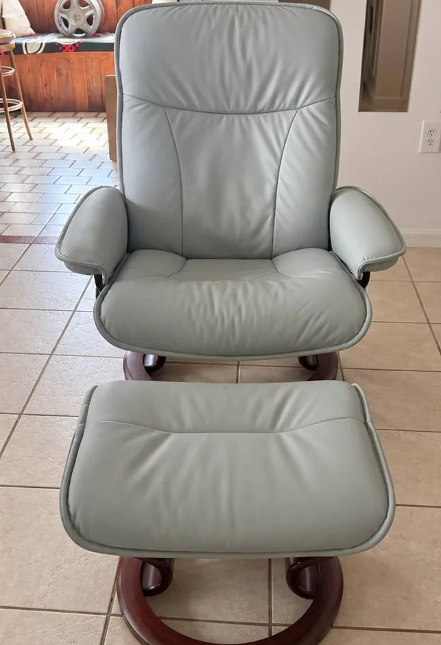 After: Stressless chair and ottoman, green leather then light gray